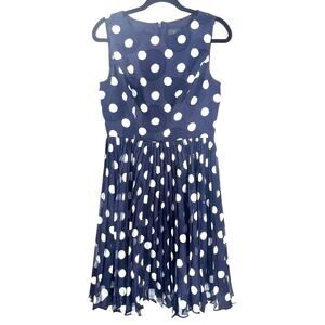 Adrianna Papell Dress Women's S Blue White Polka Dot Chiffon Fit & Flare Pleated